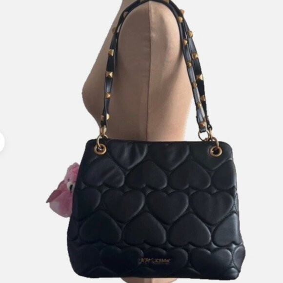 Betsey Johnson Xomia Black Quilt Heart Shoulder Bag Gold Stud Straps w Pink Toy - Picture 1 of 13